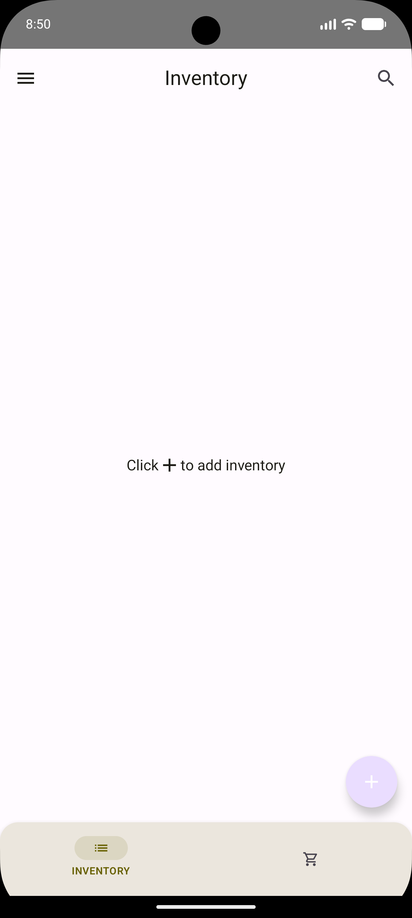 Inventory screen prompting user to add inventory