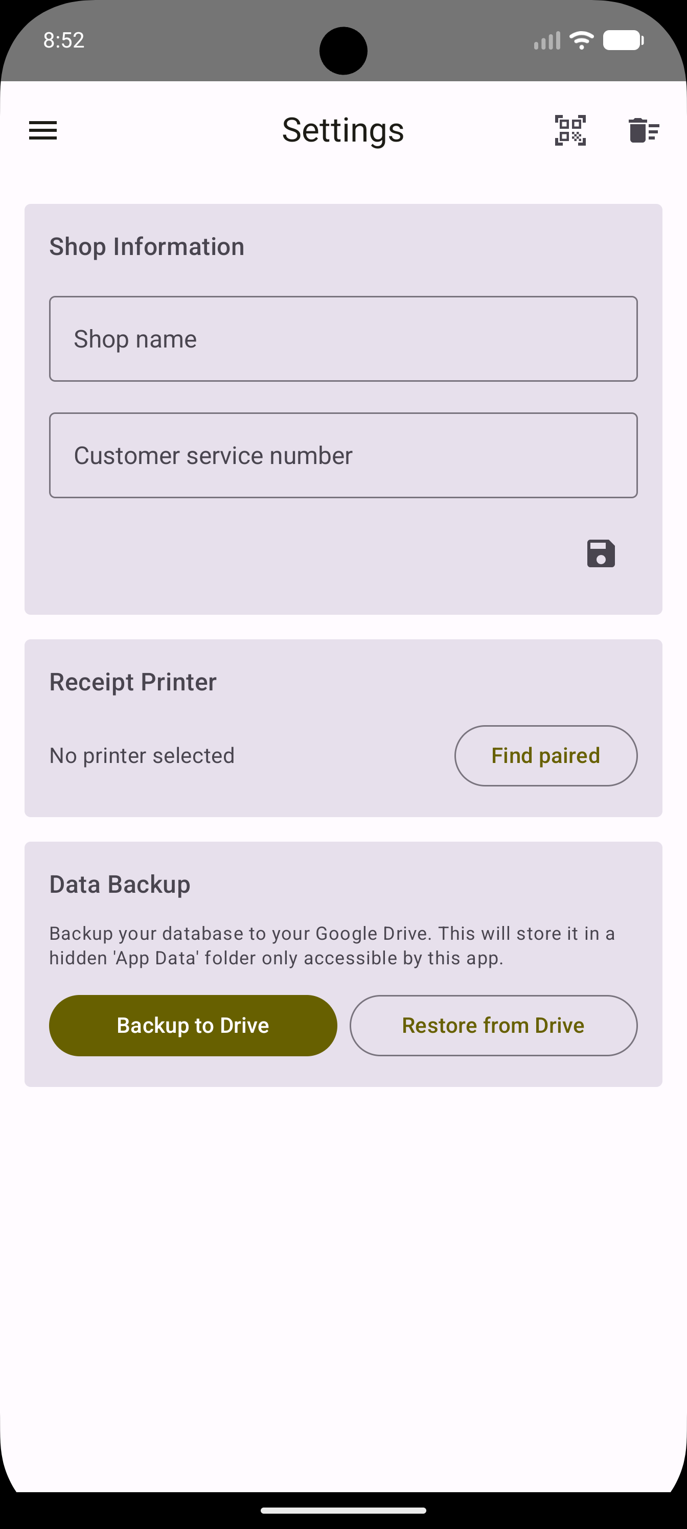 Shop Assistant settings, printer, and backup screen